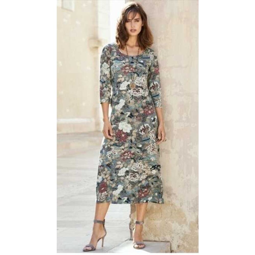 Peruvian Connection Capistrano Asian Birds Large Cotton Stretch 3/4 Sleeve Dress